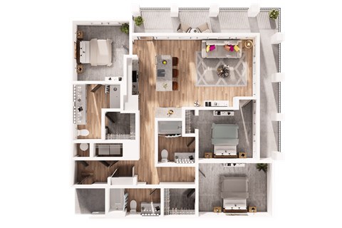 a 3d floor plan of a house with a bedroom and a living room